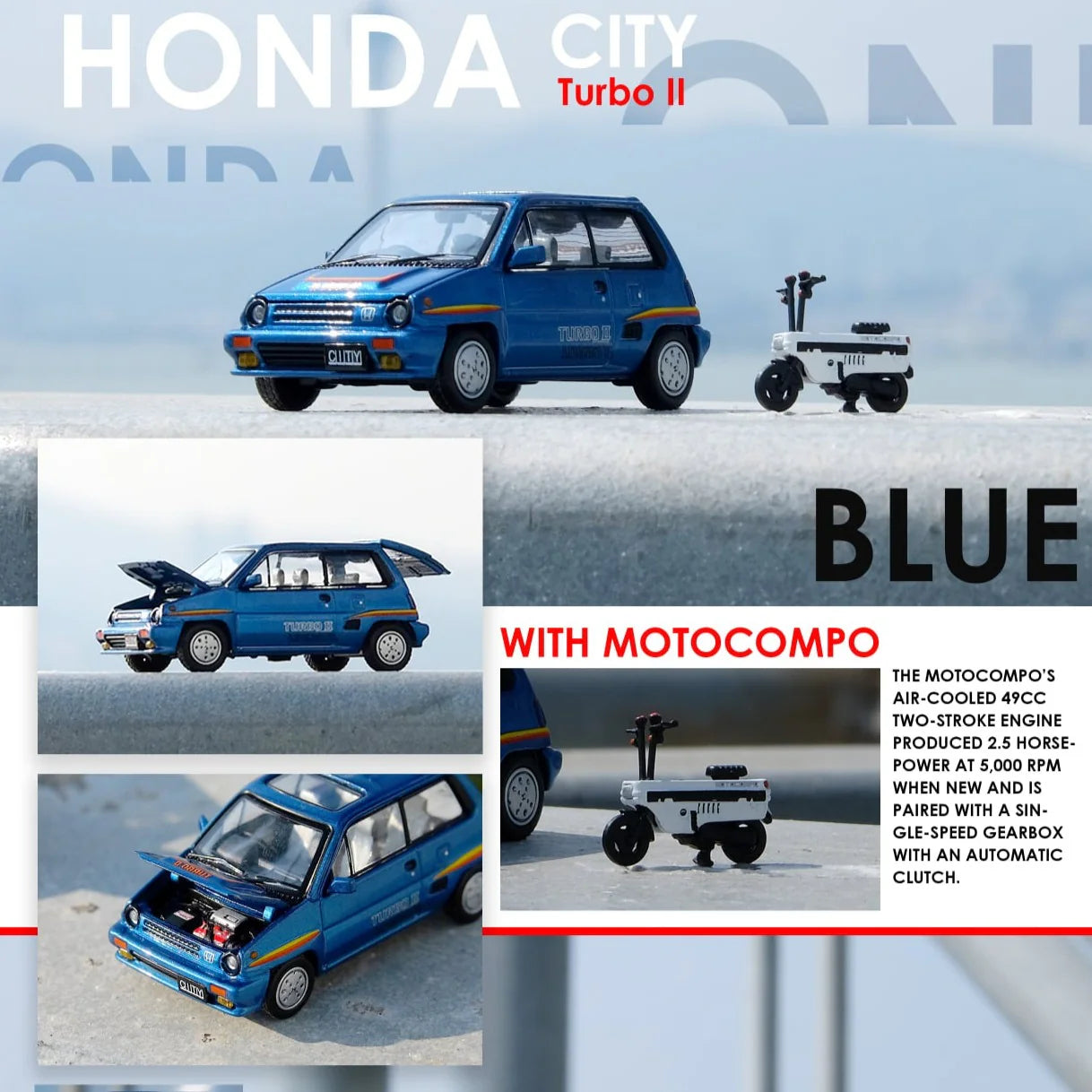 INNO64 1:64 Honda City Turbo II Blue With White Motocompo