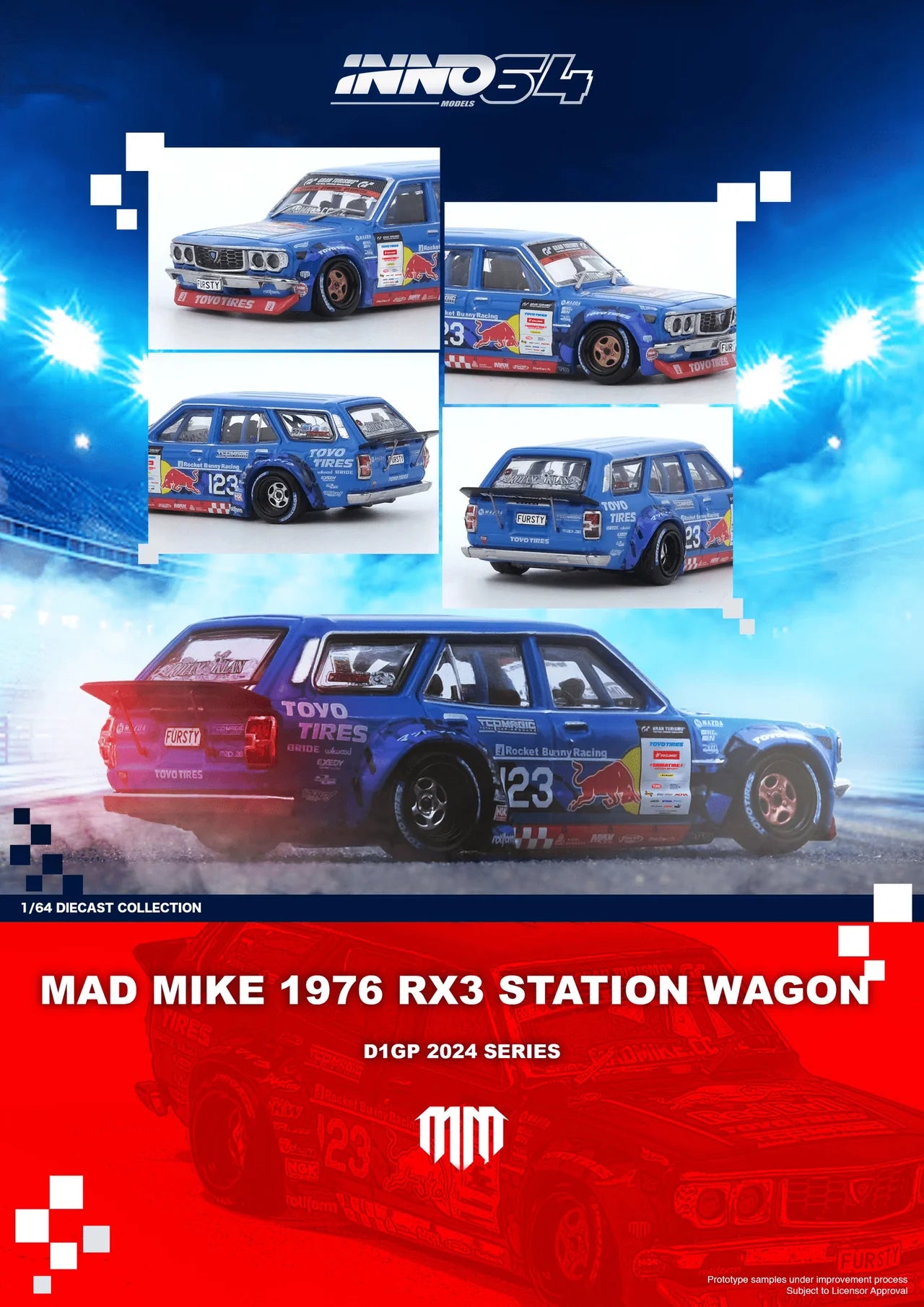 (Preorder) INNO64 1:64 Mad Mike 1976 Mazda RX3 Station Wagon D1GP Series 2024