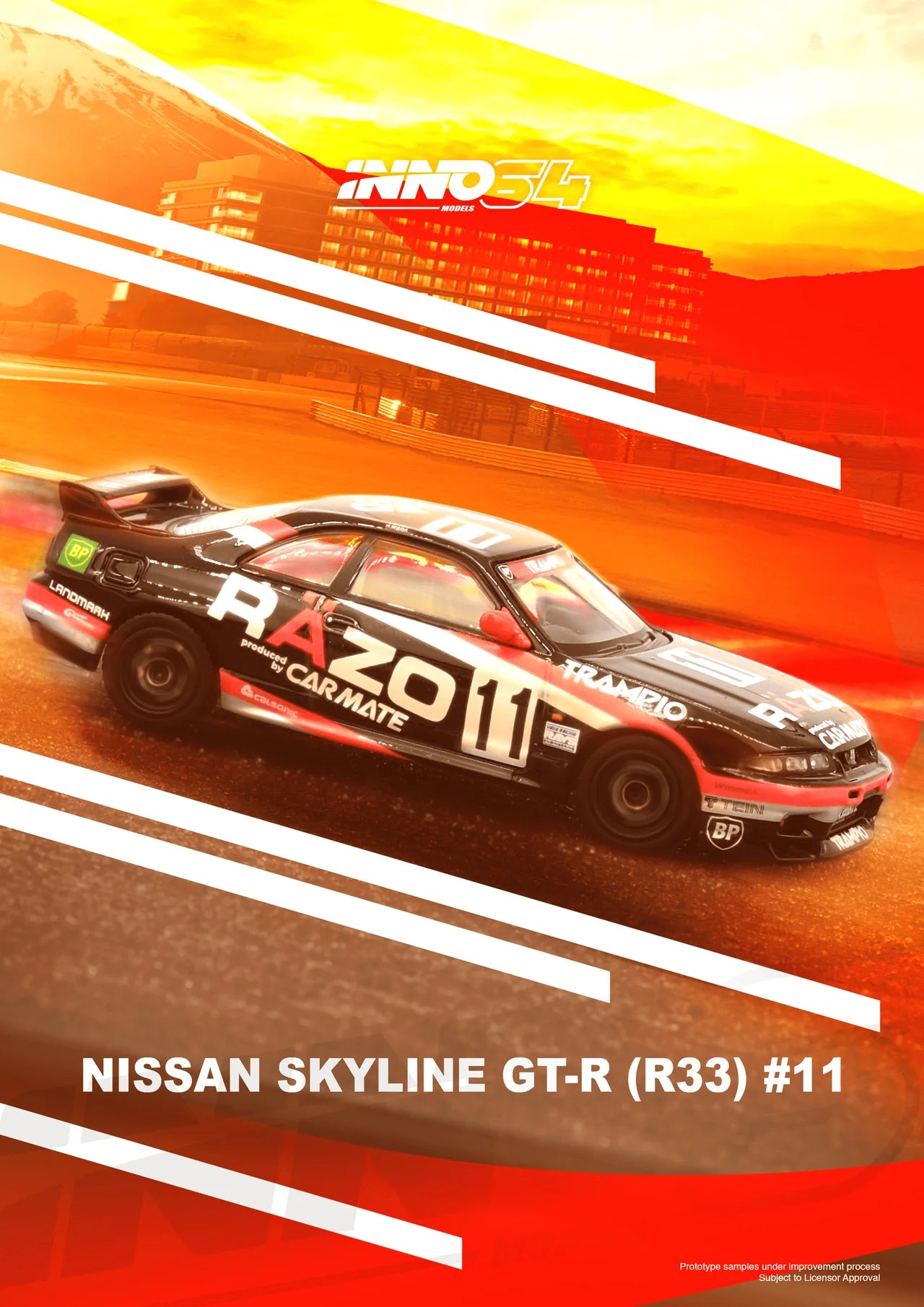 (Preorder) INNO64 1:64 Nissan Skyline GT-R R33 #11 "RAZO TRAMPIO" N1 Super Endurance Series - SENDAN HIGHLAND 1995 Winner