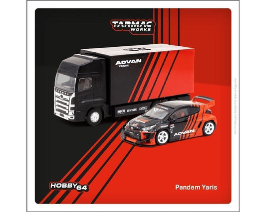 Tarmac Works 1:64 Pandem Toyota Yaris ADVAN With Truck – Black/ Red