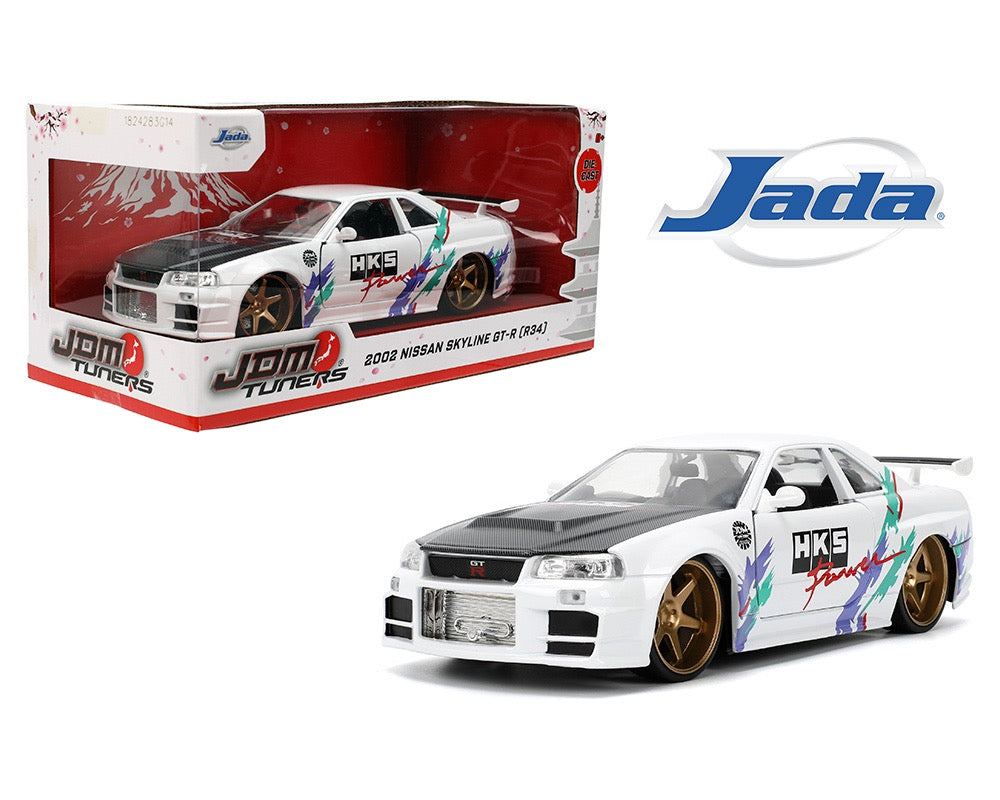 Jada 1:24 2002 Nissan Skyline GT-R (R34) – White with Carbon Fiber Hood and HKS Graphics – JDM Tuners