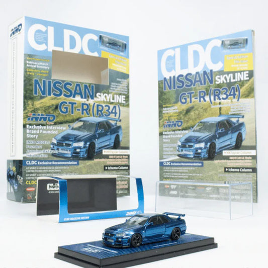 INNO64 X CLDC Nissan Skyline R34 In Full Chrome Blue Carbon - China Exclusive ONLY 1:64 (MAGAZINE INCLUDED)