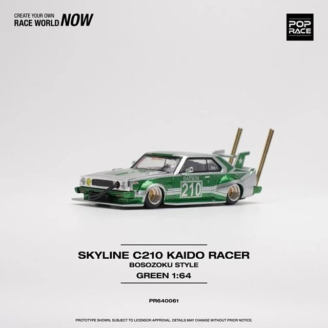 Pop Race 1:64 Nissan Skyline C210 KAIDO RACER (BOSOZOKU STYLE) - SILVER/GREEN