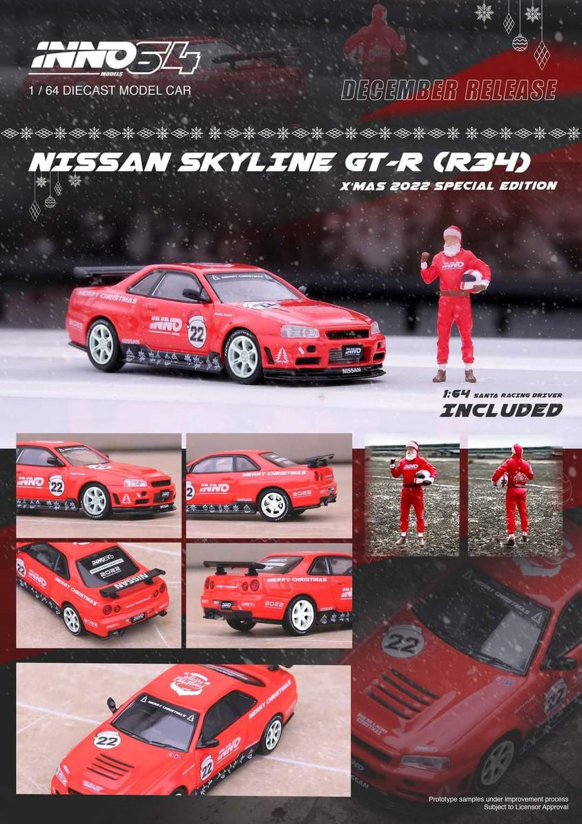 INNO 1:64 NISSAN SKYLINE GT-R R34 "X'MAS 22" Special Edition Red model Car