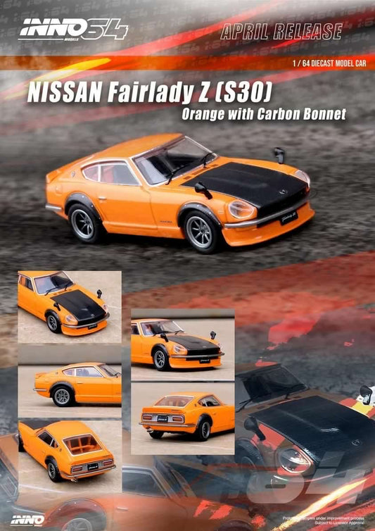 INNO64 1:64 Nissan Fairlady Z S30 Orange w/ Carbon Bonnet